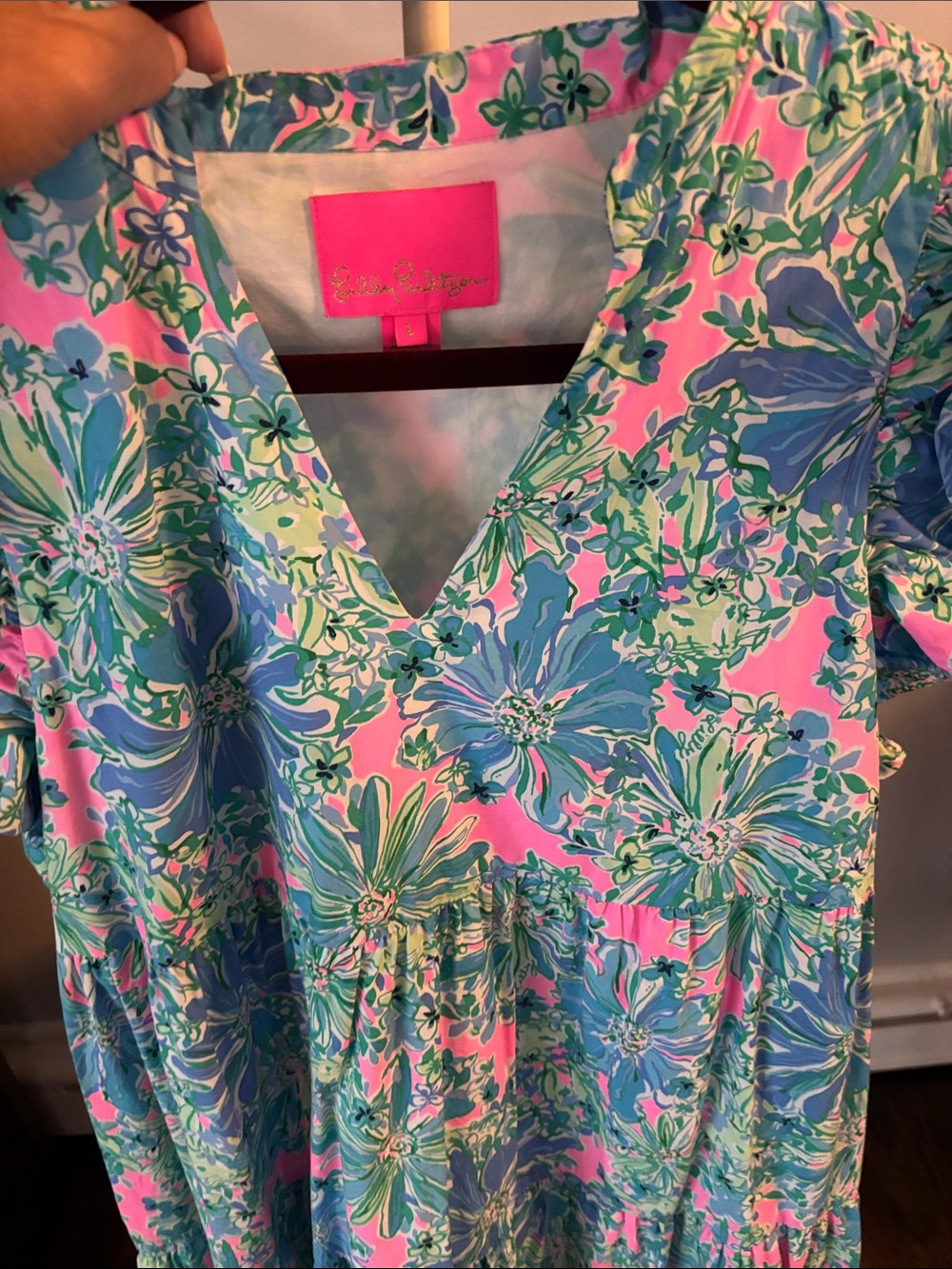 Lilly Pulitzer Floral Ruffle-Sleeve Dress in Pink and Blue Lined Cotton. Size L. - Picture 3 of 4